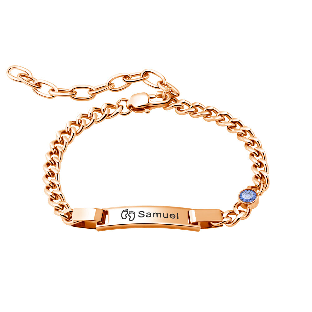 Custom Engraved Parent - Child Cuban Link Bracelets - Personalized Birthstone, Stainless Steel Curved Bar - Parent - Child Bracelet Set