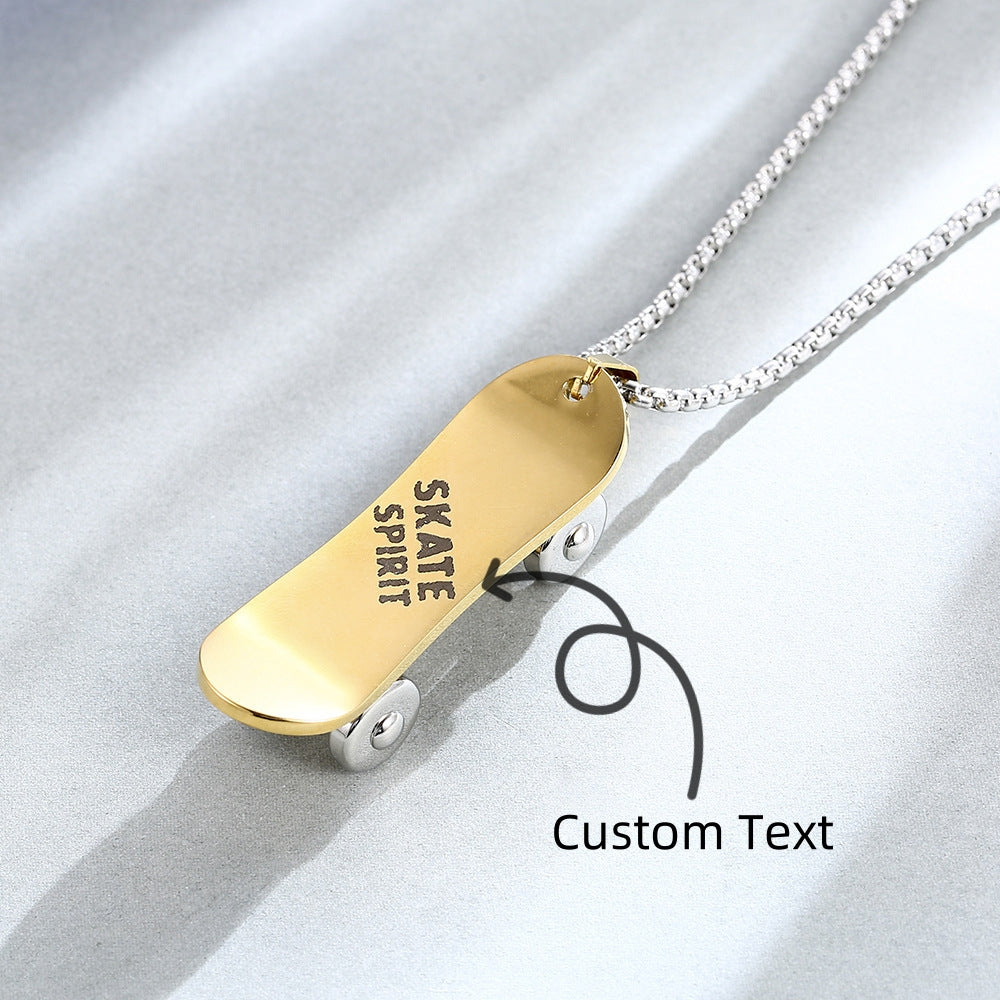 Custom Name Engraved Skateboard Pendant Necklace with Spinning Wheels