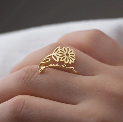 Custom Birth Flower Name Ring - Personalized Name Engraving Band - Birth Month Floral Jewelry Gift