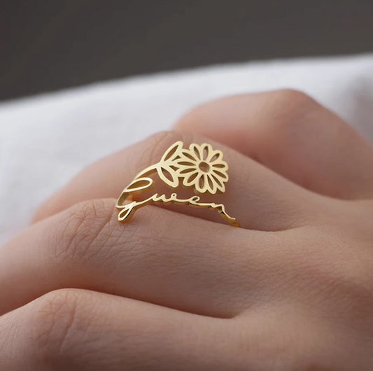 Custom Birth Flower Name Ring - Personalized Name Engraving Band - Birth Month Floral Jewelry Gift