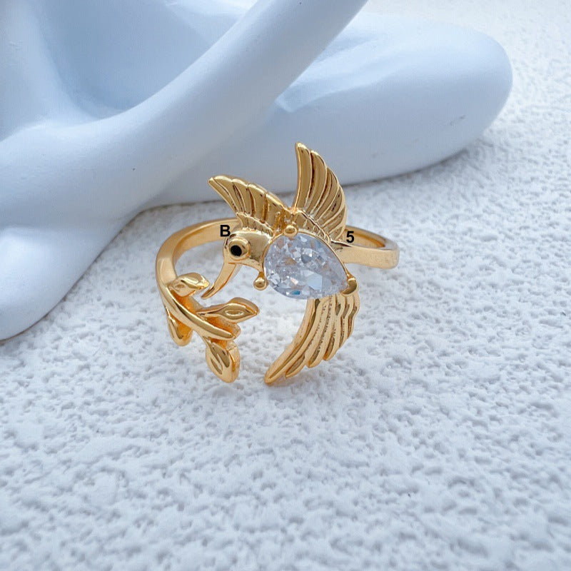 Custom Hummingbird Ring with Birthstone and Name Engraving - Adjustable Memorial Jewelry - Personalized Gift for Couple