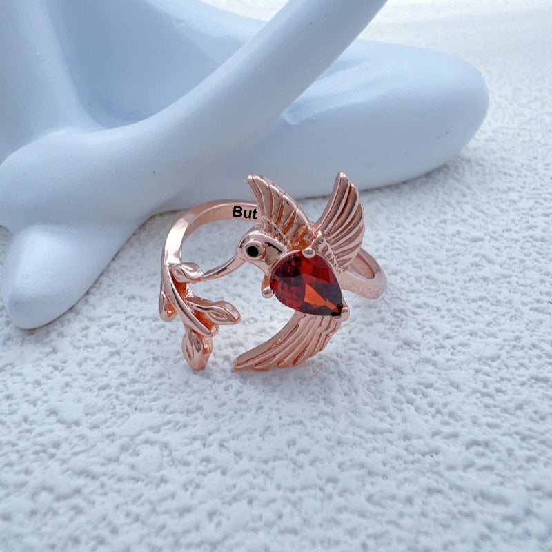 Custom Hummingbird Ring with Birthstone and Name Engraving - Adjustable Memorial Jewelry - Personalized Gift for Couple