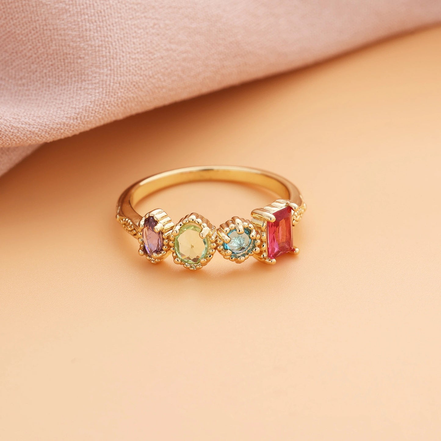 Custom Geometric Birthstone Ring - Personalized Copper Stackable Ring with Marquise Oval Round Cut Zircon - Minimalist Jewelry