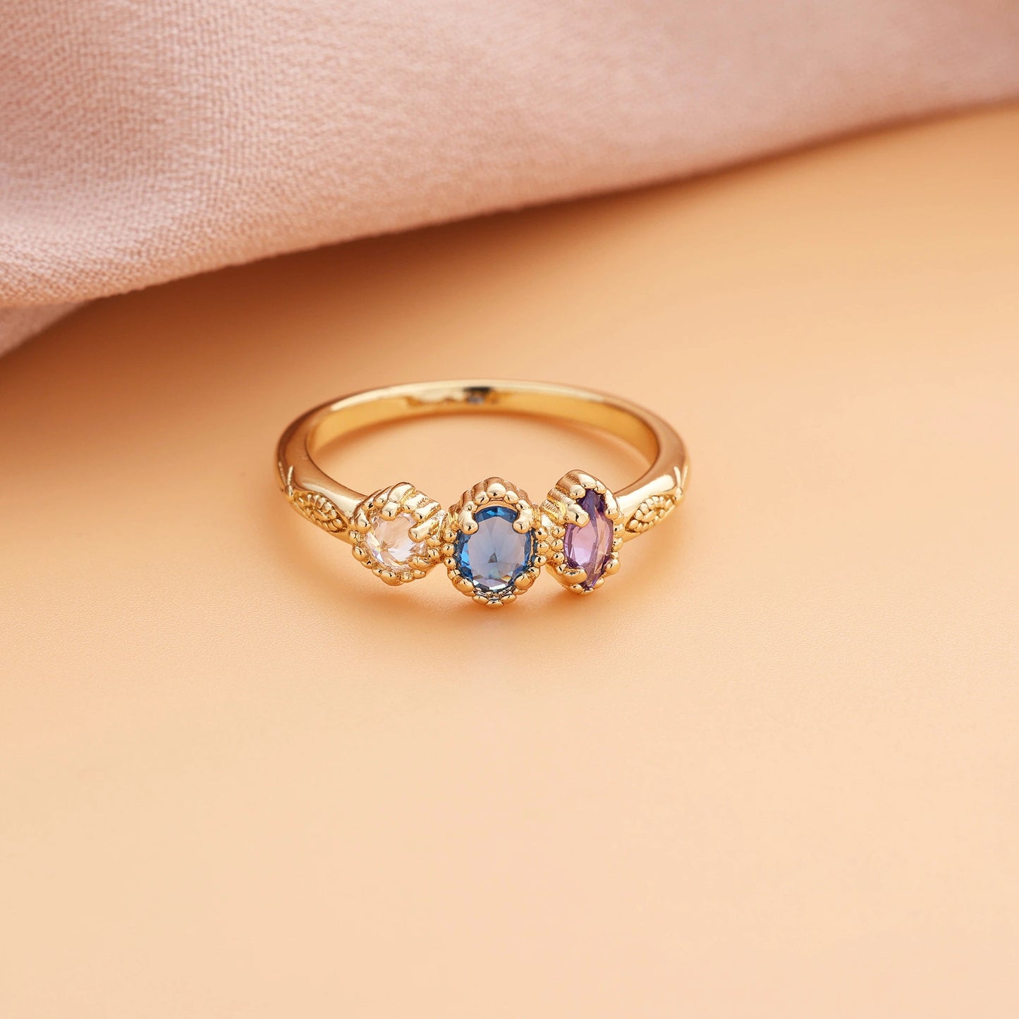 Custom Geometric Birthstone Ring - Personalized Copper Stackable Ring with Marquise Oval Round Cut Zircon - Minimalist Jewelry