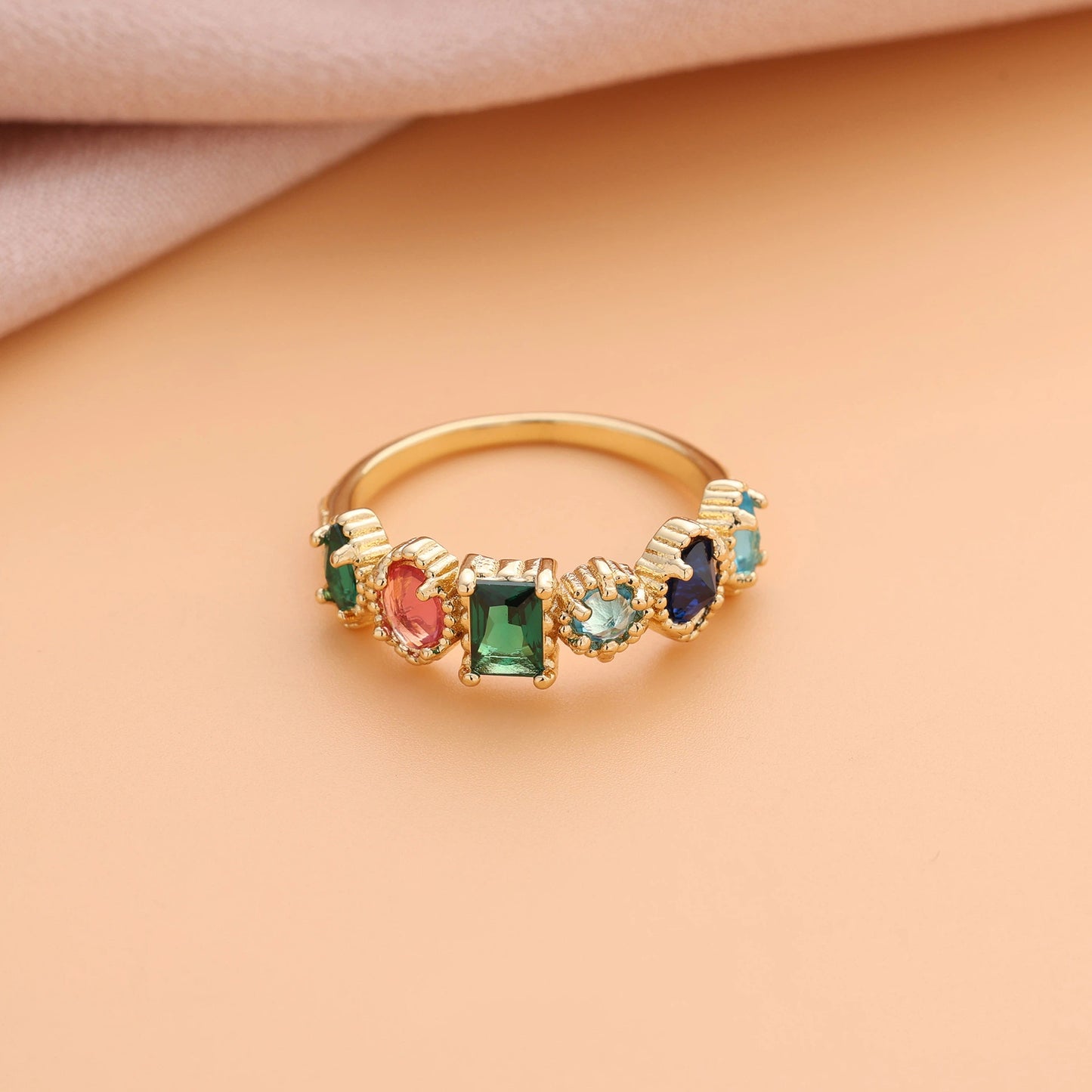 Custom Geometric Birthstone Ring - Personalized Copper Stackable Ring with Marquise Oval Round Cut Zircon - Minimalist Jewelry