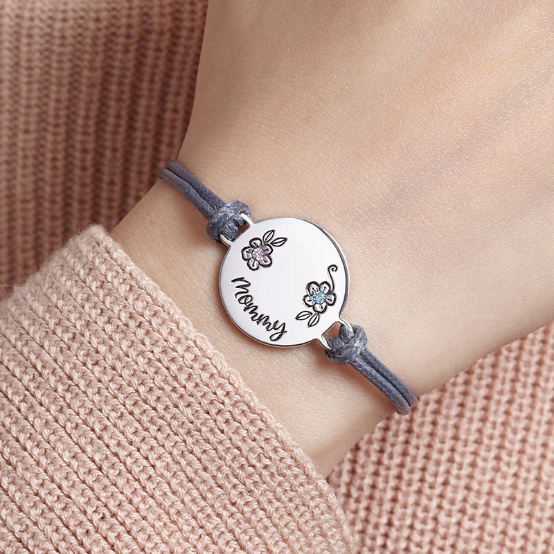 Custom Birth Flower and Birthstone Bracelet with Zircon Stones - Personalized Engraved Stainless Steel Disc - Adjustable Wax Cord Boho Jewelry (Up to 6 Flowers)
