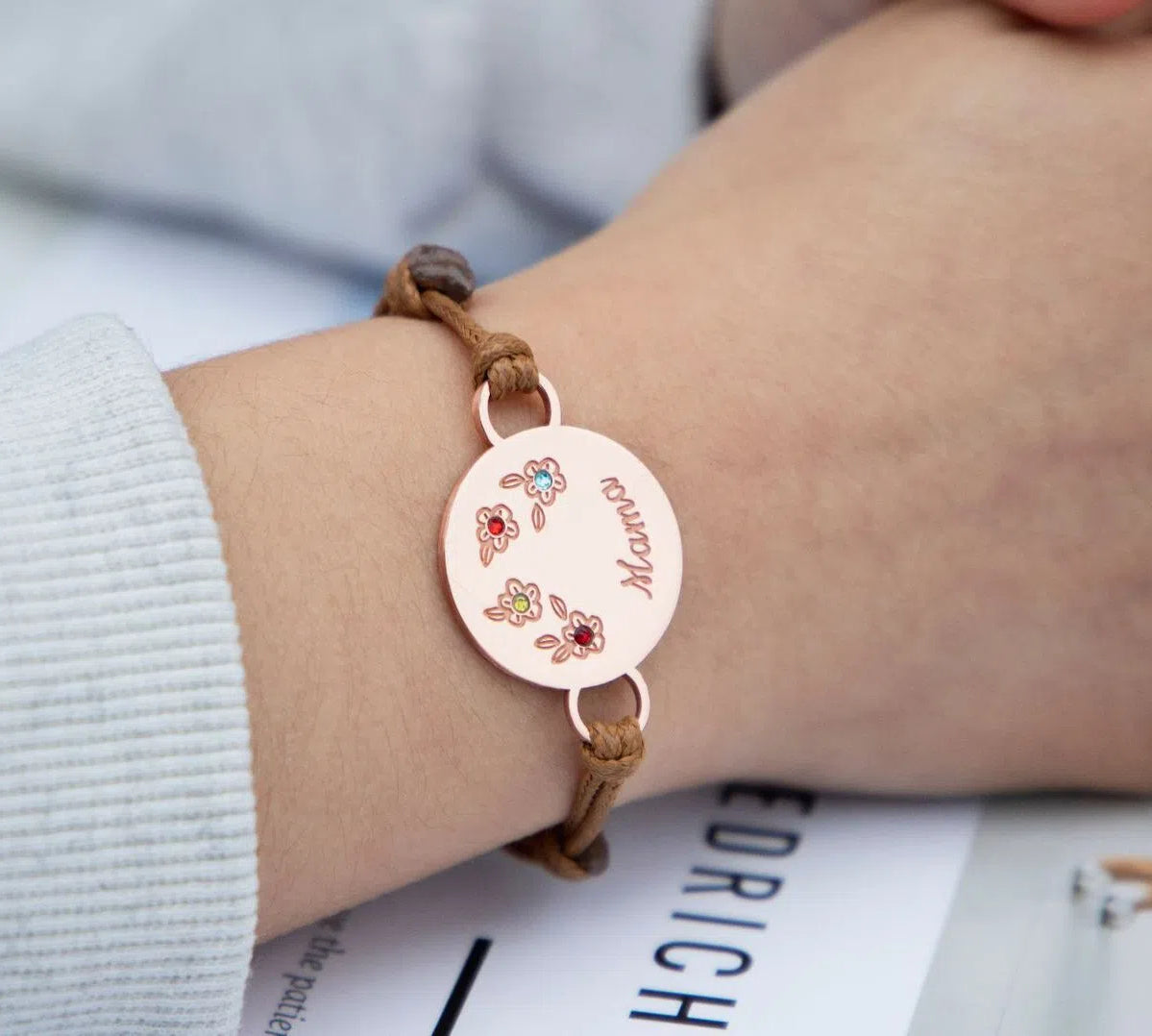 Custom Birth Flower and Birthstone Bracelet with Zircon Stones - Personalized Engraved Stainless Steel Disc - Adjustable Wax Cord Boho Jewelry (Up to 6 Flowers)
