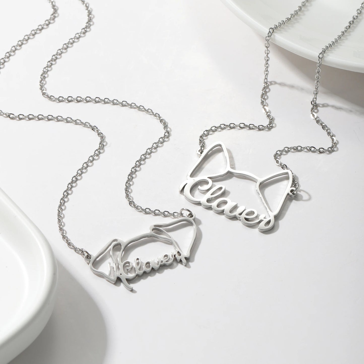 Custom Pet Ear and Name Necklace - Personalized Dog or Cat Ear Pendant with Engraved Text - Stainless Steel Necklace for Pet Lovers