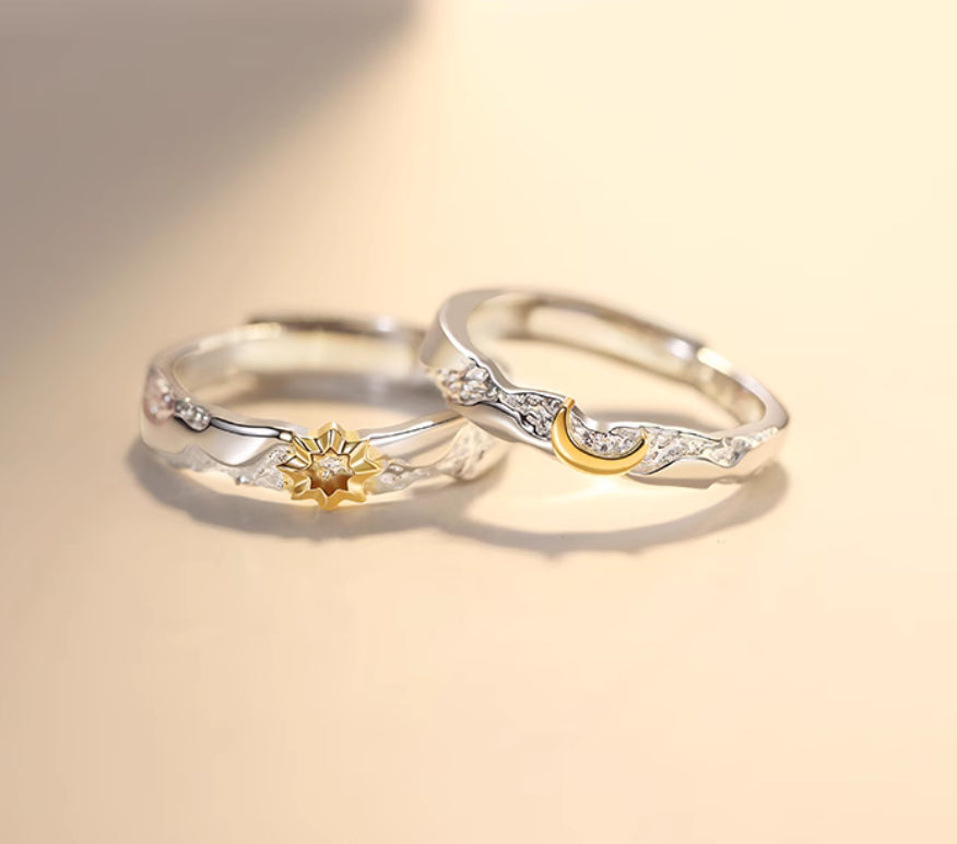 Sun and Moon Couple Rings Set - Personalized Engraved Copper Matching Rings - His & Hers Adjustable Wedding Bands - Minimalist Celestial Jewelry
