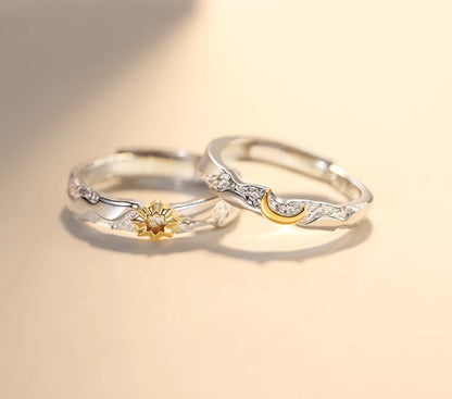 Sun and Moon Couple Rings Set - Personalized Engraved Copper Matching Rings - His & Hers Adjustable Wedding Bands - Minimalist Celestial Jewelry