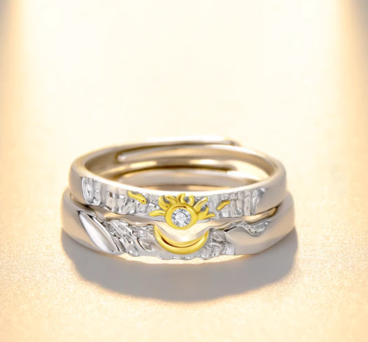 Sun and Moon Couple Rings Set - Personalized Engraved Copper Matching Rings - His & Hers Adjustable Wedding Bands - Minimalist Celestial Jewelry