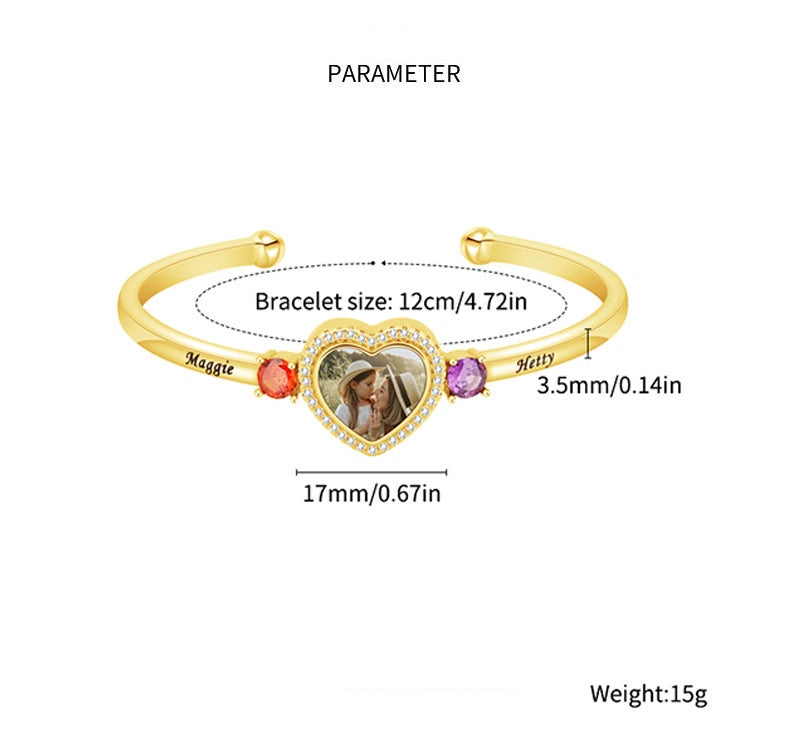 Trio of Love Custom Bracelet - Personalized Copper Bangle with 2 Birthstones, Engraved Names and Heart Photo - Adjustable Memorial Jewelry