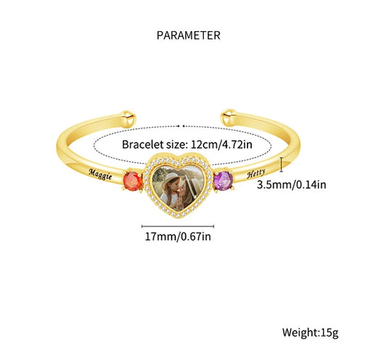 Trio of Love Custom Bracelet - Personalized Copper Bangle with 2 Birthstones, Engraved Names and Heart Photo - Adjustable Memorial Jewelry