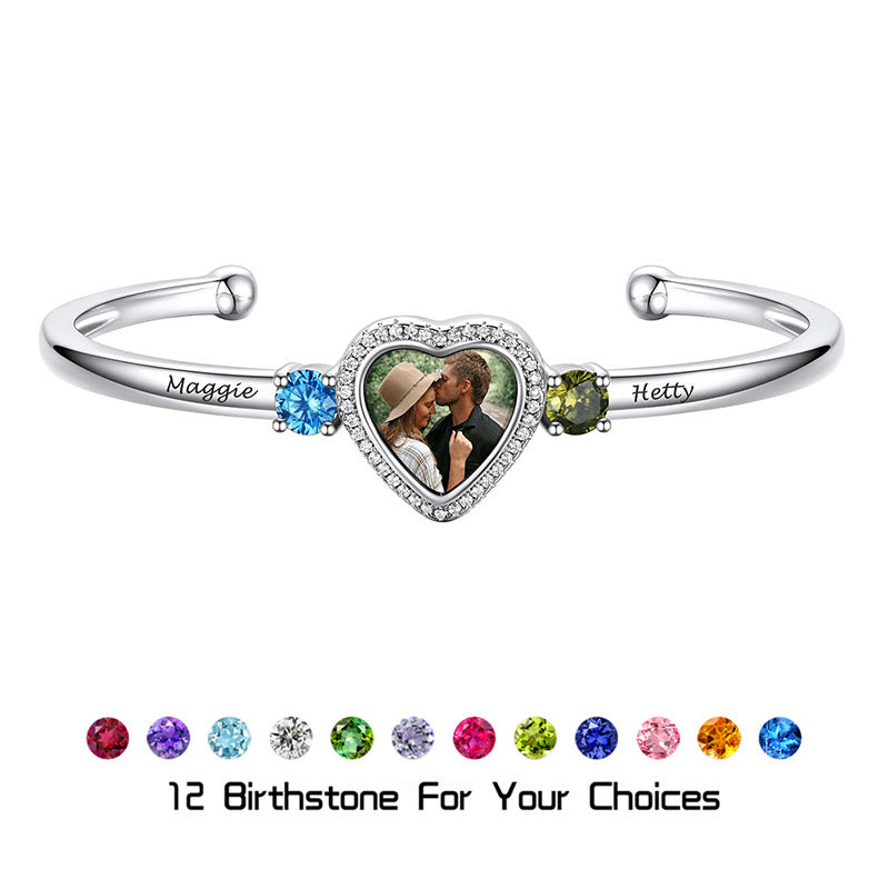 Trio of Love Custom Bracelet - Personalized Copper Bangle with 2 Birthstones, Engraved Names and Heart Photo - Adjustable Memorial Jewelry