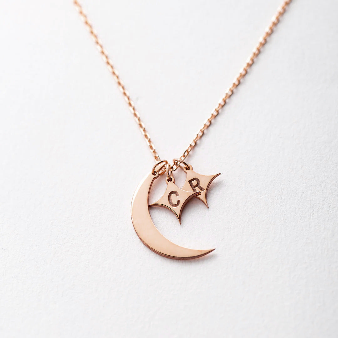 Custom Moon and Star Necklace - Personalized Engraved Pendant Stainless Steel Chain, Dainty Celestial Jewelry