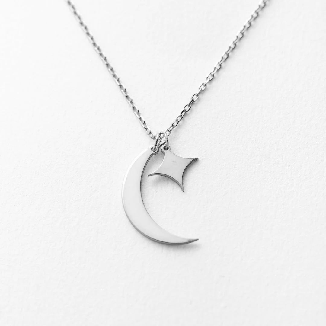 Custom Moon and Star Necklace - Personalized Engraved Pendant Stainless Steel Chain, Dainty Celestial Jewelry