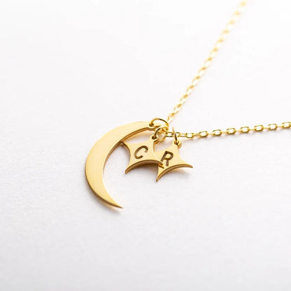 Custom Moon and Star Necklace - Personalized Engraved Pendant Stainless Steel Chain, Dainty Celestial Jewelry