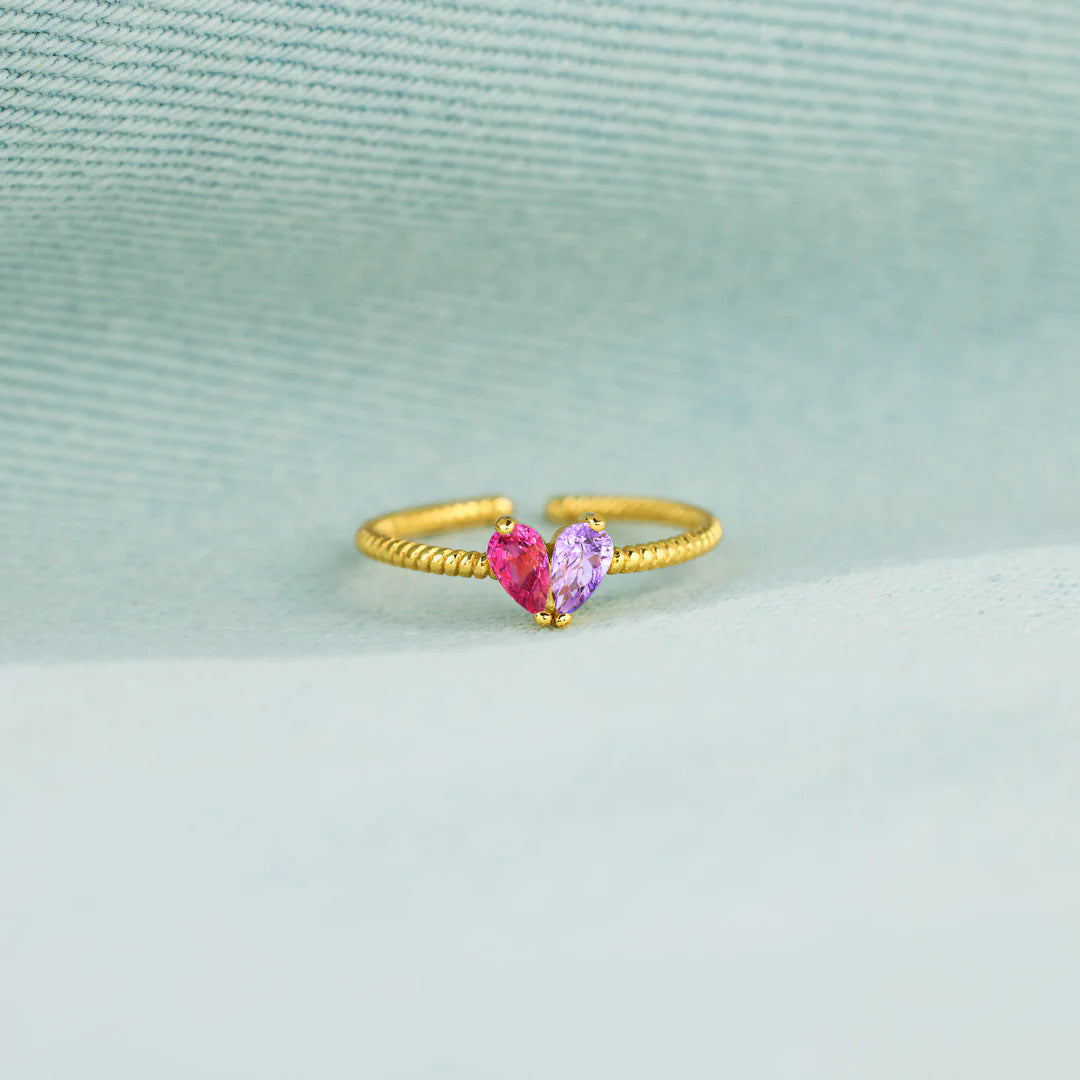Partners in Love Custom Birthstone Ring - Interlocking Hearts Couple Ring with 2 Gemstones, Adjustable Copper Band, Personalized Anniversary Gift