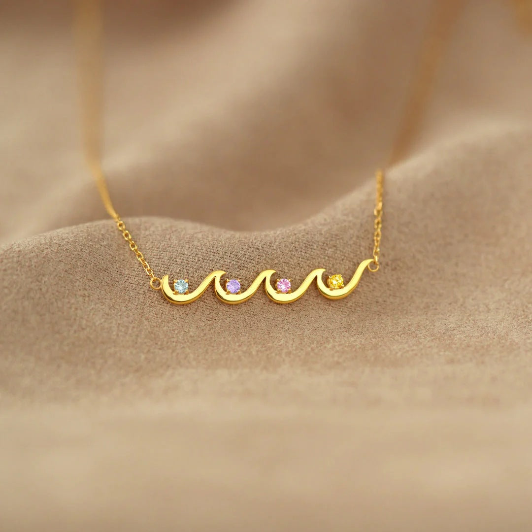 Custom Birthstone Necklace - Personalized 1-6 Gemstone Wave Pendant, 925 Sterling Silver O-Link Chain, Memorial Jewelry, Anniversary Gift For Her