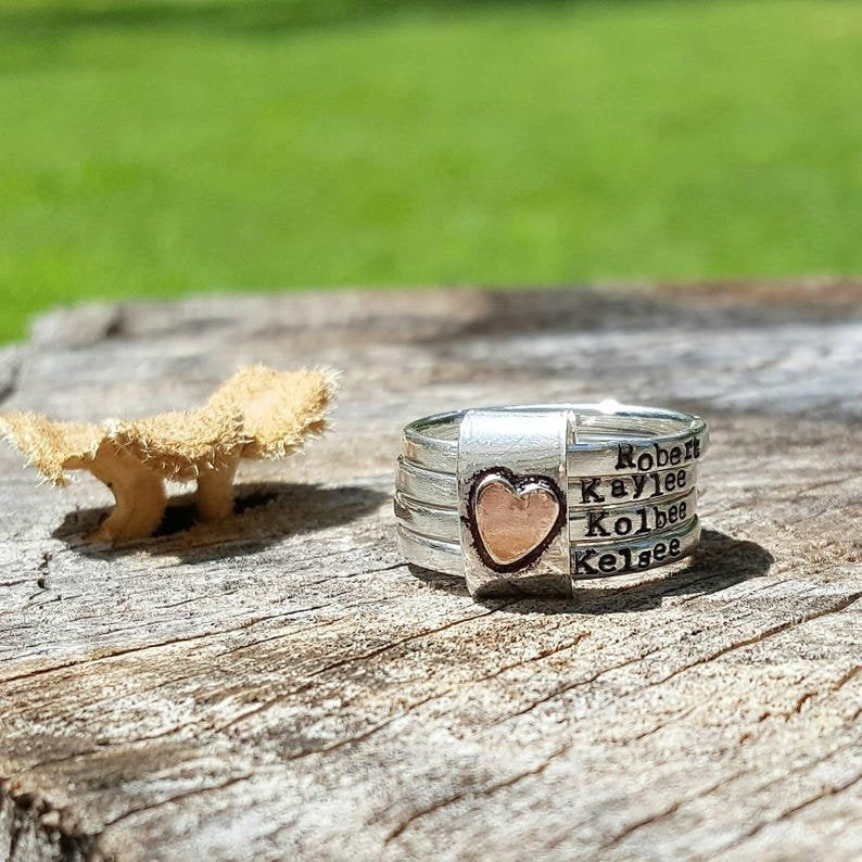 Personalized Heart Stacking Rings - Custom Engraved Copper Rings - Valentine's Day - Trendy Layered Rings