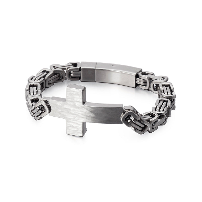 Custom Engraved Cross Bracelet - Hammered Texture Stainless Steel Chain - Minimalist Mens Jewelry - Birthday Gift For Him