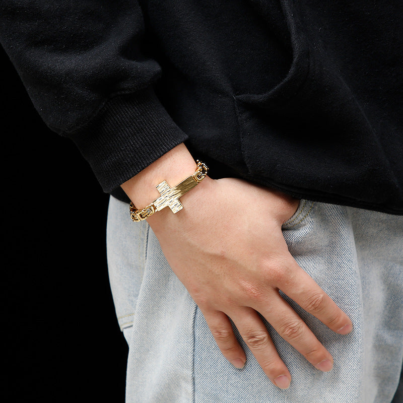 Custom Engraved Cross Bracelet - Hammered Texture Stainless Steel Chain - Minimalist Mens Jewelry - Birthday Gift For Him