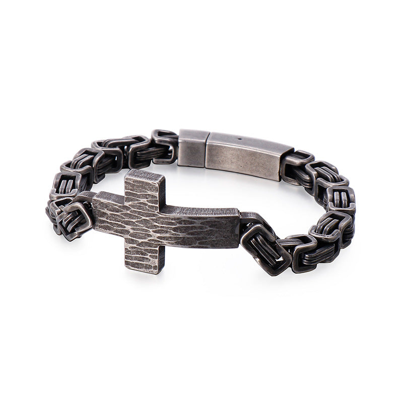 Custom Engraved Cross Bracelet - Hammered Texture Stainless Steel Chain - Minimalist Mens Jewelry - Birthday Gift For Him