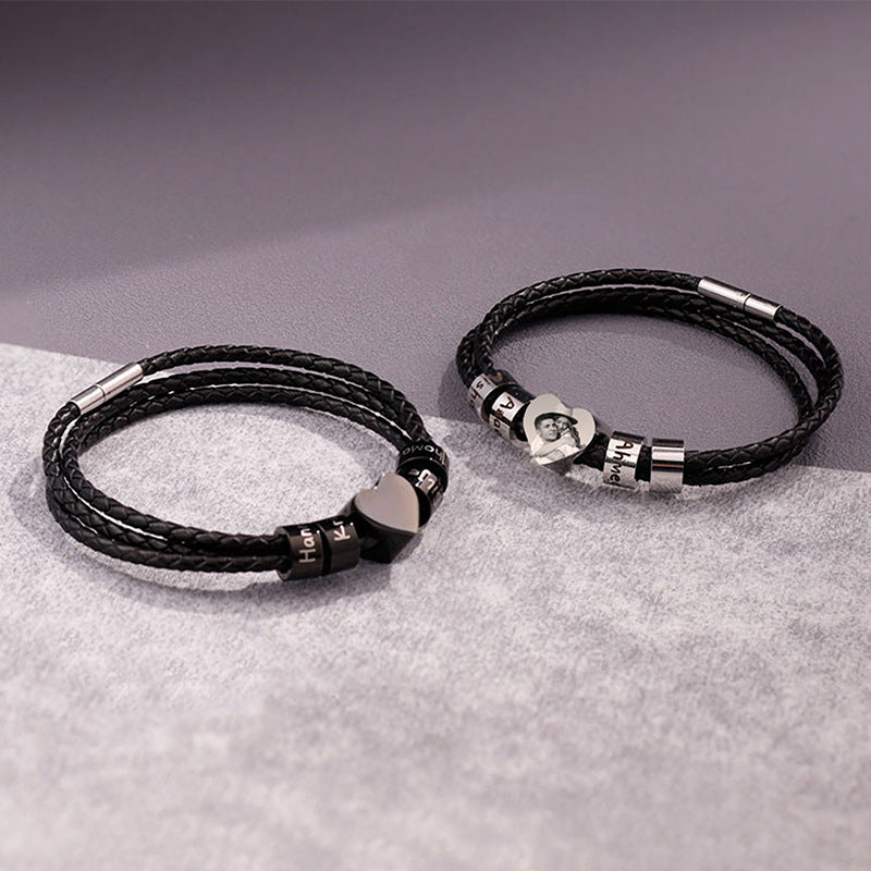 Custom Engraved Leather Bracelet for Men - Personalized Name Beads and Photo Charm - Braided Rope Cuff with Stainless Steel Clasp - Unique Mens Gift