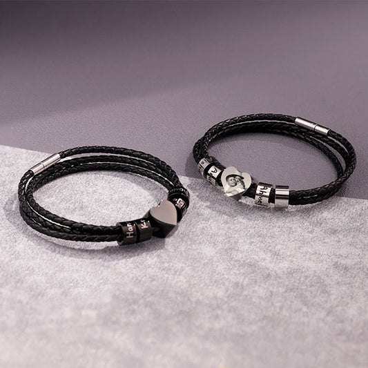 Custom Engraved Leather Bracelet for Men - Personalized Name Beads and Photo Charm - Braided Rope Cuff with Stainless Steel Clasp - Unique Mens Gift