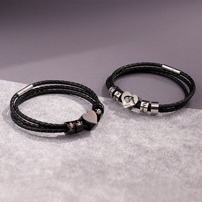 Custom Engraved Leather Bracelet for Men - Personalized Name Beads and Photo Charm - Braided Rope Cuff with Stainless Steel Clasp - Unique Mens Gift