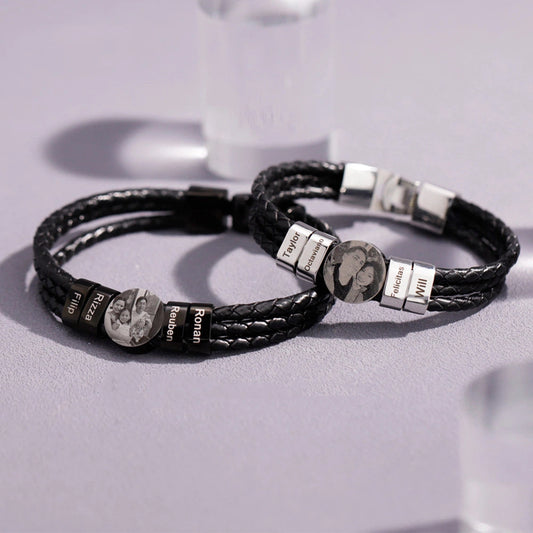 Custom Engraved Leather Bracelet for Men - Personalized Name Beads and Photo Charm - Braided Rope Cuff with Stainless Steel Clasp - Unique Mens Gift