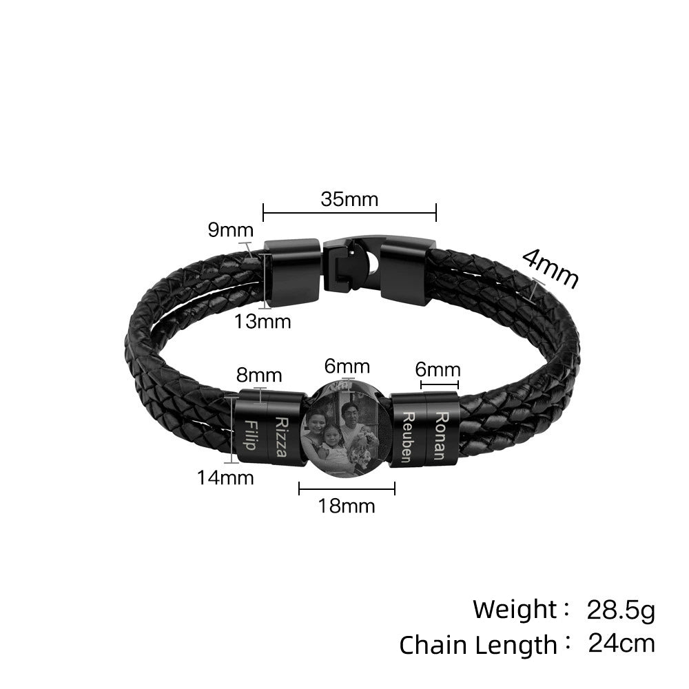 Custom Engraved Leather Bracelet for Men - Personalized Name Beads and Photo Charm - Braided Rope Cuff with Stainless Steel Clasp - Unique Mens Gift