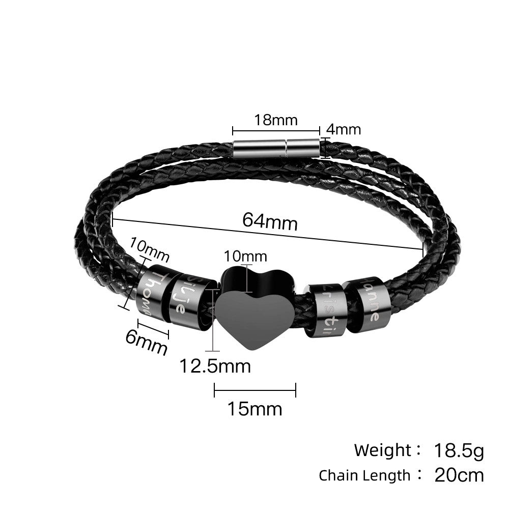 Custom Engraved Leather Bracelet for Men - Personalized Name Beads and Photo Charm - Braided Rope Cuff with Stainless Steel Clasp - Unique Mens Gift