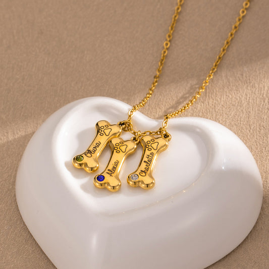 Personalized Dog Bone Necklace - Custom Birthstone and Engraved Pet Memorial Jewelry - 18K Gold Plated Stainless Steel - Adjustable Pet Loss Gift