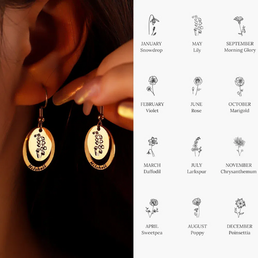 Personalized Birh Flower Stainless Steel Earrings with Name Engraving