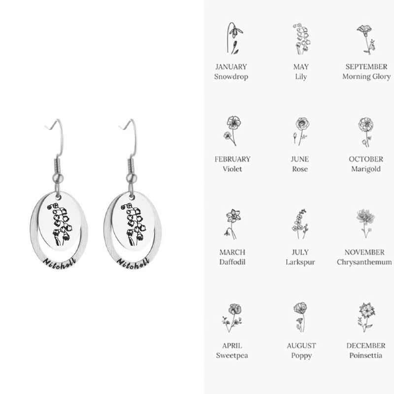 Personalized Birh Flower Stainless Steel Earrings with Name Engraving