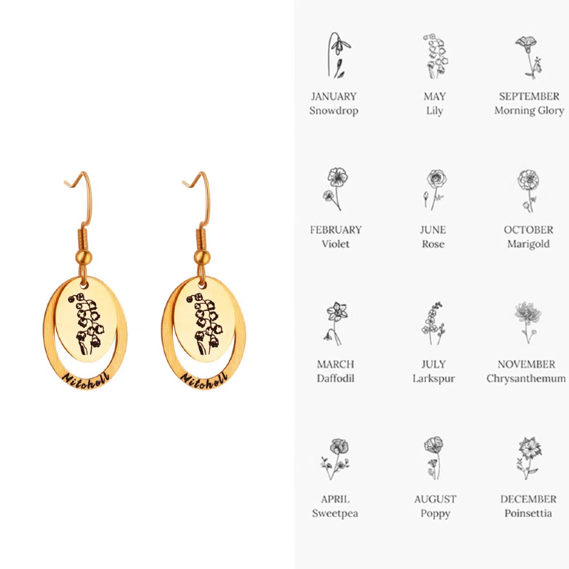 Personalized Birh Flower Stainless Steel Earrings with Name Engraving