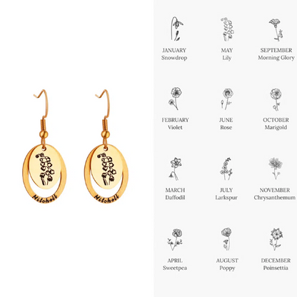 Personalized Birh Flower Stainless Steel Earrings with Name Engraving
