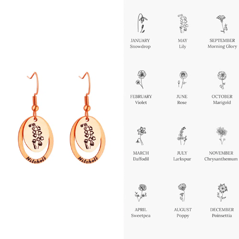 Personalized Birh Flower Stainless Steel Earrings with Name Engraving