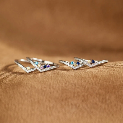 Personalized Crown Birthstone Ring - Custom 1-5 Zirconia V-Shaped Ring - S925 Sterling Silver Minimalist Stackable Ring