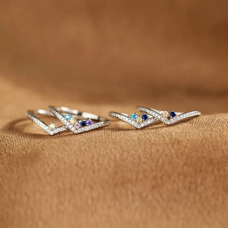 Personalized Crown Birthstone Ring - Custom 1-5 Zirconia V-Shaped Ring - S925 Sterling Silver Minimalist Stackable Ring