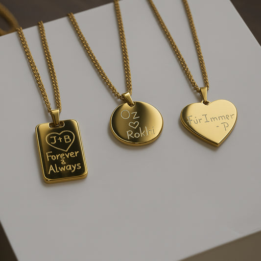 Hand-Engraved Custom Pendant Necklace - Personalized Handwriting or Design - 18K Gold Plated Stainless Steel Chain
