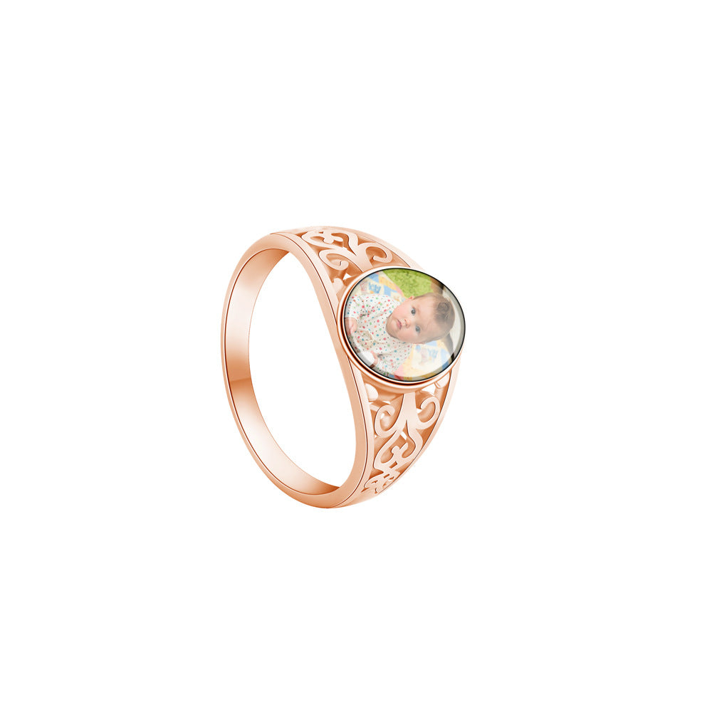 Custom Vintage Photo Copper Ring with Hollow out Floral Engraving - Persoalized Gift