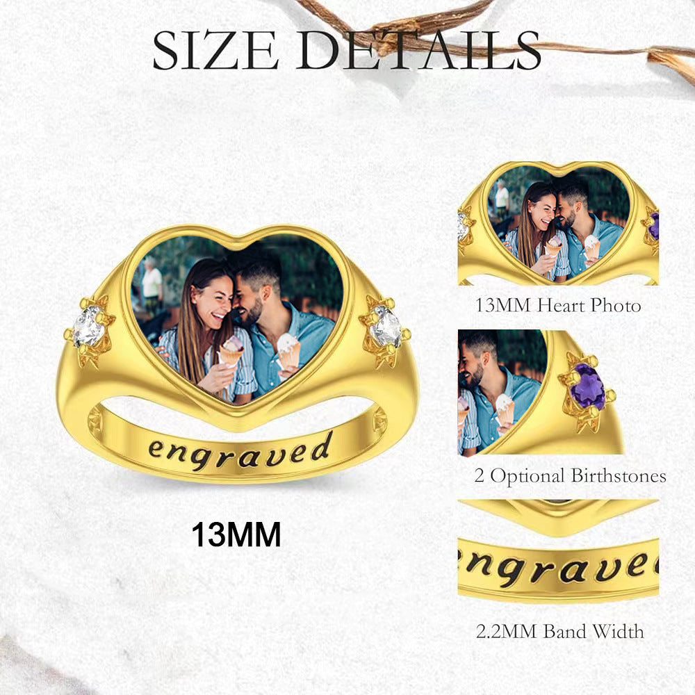 Personalized Birthstone Heart-Shaped Photo Ring with Custom Name Engraved