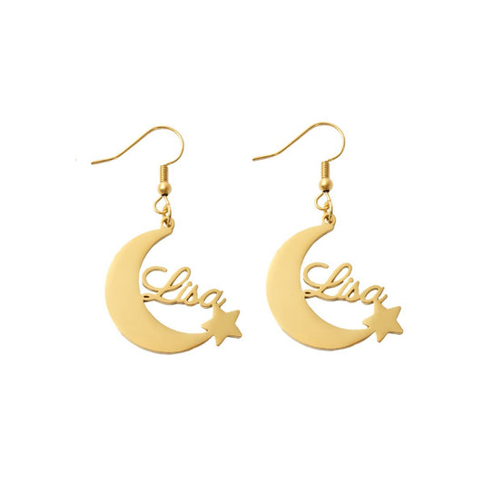 Custom Name Earrings, Star and Moon Dangle Earrings, Personalized Stainless Steel Jewelry