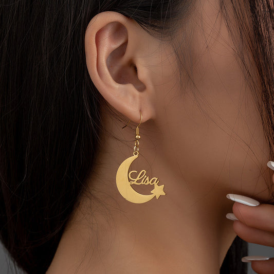 Custom Name Earrings, Star and Moon Dangle Earrings, Personalized Stainless Steel Jewelry