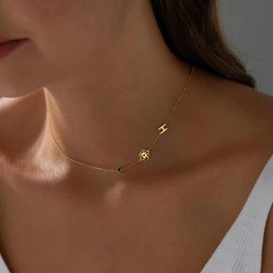 Personalized Birth Flower Letter Birthstone Necklace