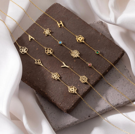 Personalized Birth Flower Letter Birthstone Necklace