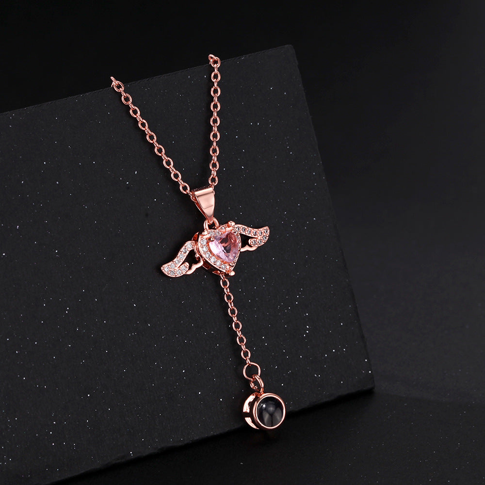 Personalized Cupid Heart Angel Wings Projection Pendant, Custom Photo Copper Necklace