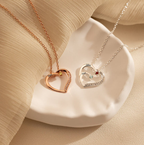 Custom Engraved Heart Necklace with Birthstone